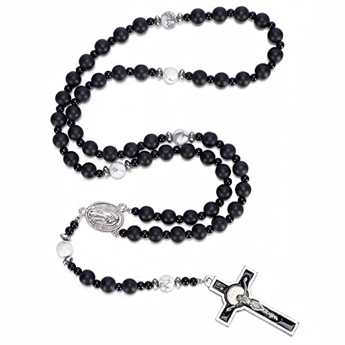 HANDMADE Catholic 8mm Beads Rosary for Men Wearable Large Black Rosary Necklace with Miraculous Medal Rosaries Catholic Gifts - Main Image