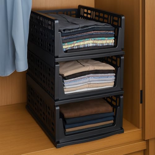 Image of Foldable Drawer Organizer with Stackable Storage Boxes for Wardrobe & Cupboard | Multipurpose Space Saving Storage Bins for Clothes, Toys, Books & Daily Essentials, Black (Pack of 3)