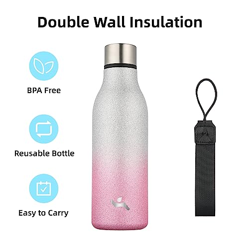 Image of Konokyo Insulated Water Bottle with Strap,18 oz Double Wall Stainless Steel Vacuum Bottles Metal Water Flask,Sparkling Silver Pink