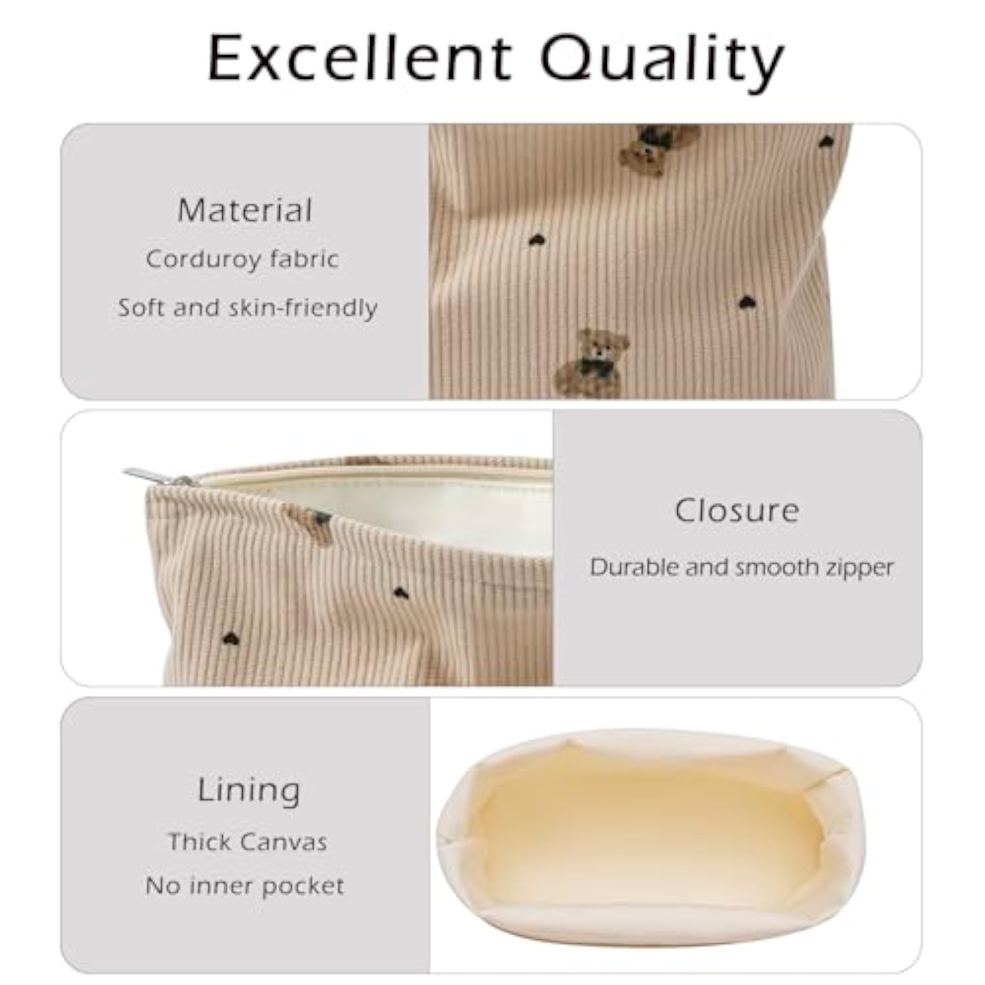 Corduroy Travel Makeup Bag with Bear Pattern, Cosmetic Bag for Women
