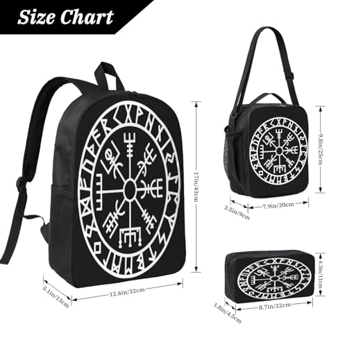 Vegvisir Nordic Viking Rune Compass Norse Germanic Mythology Symbol 17 Inch Backpack Sets Lunch Bag Lightweight Daypack for Men Women 3Pcs2