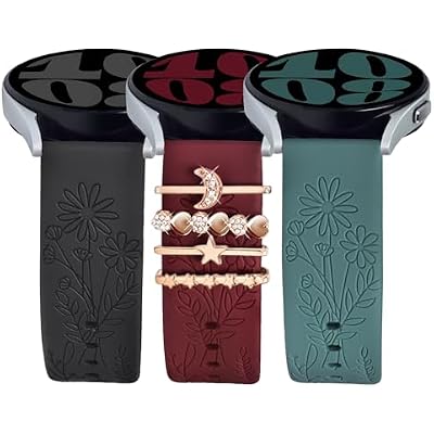 Bands for Samsung Galaxy Watch 7/6/5/4/FE Band 40mm 44mm with Charms, 20mm Women Flower Engraved Silicone Replacement Strap for Galaxy Watch 5 Pro/Watch 3/Galaxy Active 2/Watch 4 Classic