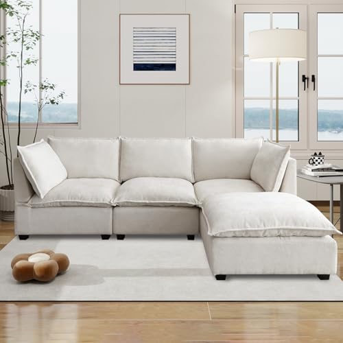Oversized Modern Sectional Sofa, Extra-Deep L-Shape Linen Fabric Cloud Couch Sectional with 5 Pillows, Convertible Ottoman Freely Combinable Sofa for Living Rooms, Apartments, Offices (Beige, 4 Seat)