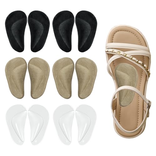 6 Pairs Gel Arch Support Pads Orthotic Shoe Inserts Insole Arch Cushions for Flat Feet & Plantar Fasciitis Relief Comfort Cushioning Adhesive Reusable One Size Transparent Black & Beige Velvet