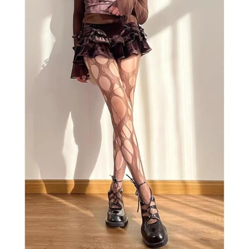Image of Women's Ripped Fishnet Tights, Irregular Distressed Hole Mesh Stockings, Y2k Lace Sheer Pantyhose