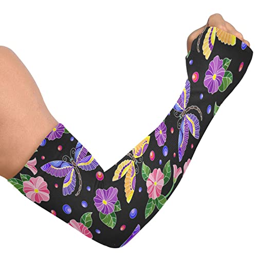 Image of JUNZAN Easter Egg Flowers Watercolor Cooling Arm Sleeves for Gardening Farmers Defense UV Sun Protection Outdoor Activity, Colorful Dragonflies Flowers Dark, One size