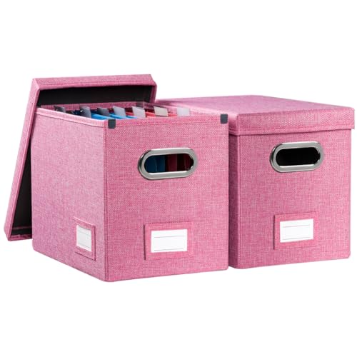 PRANDOM File Organizer Box - Set of 2 Collapsible Decorative Linen Filing Storage Hanging File Folders with Lids Office Cabinet Letter Size Pink (14x9.3x10.8 inch)