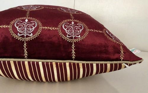 Image of TARA- Sparkling Homes 18 x 18 Inches Zari Embroidered Velvet Cushion Covers, 'Cleopatra' from 'The Royal Collection', Set of 1 (Wine Red, 18 x 18 Inches)