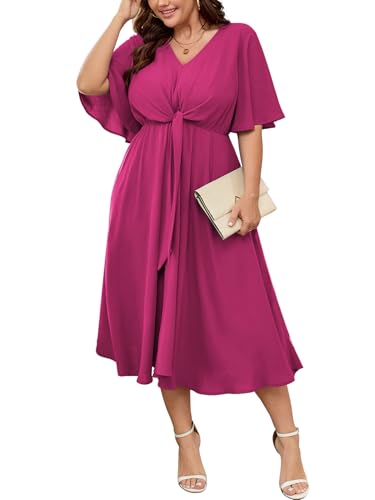 Image of SCOMCHIC Women Plus Size Midi Dresses Wedding Guest Short Sleeve V Neck Tie Waist Casual Summer Flowy A Line Dress