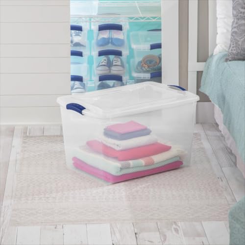 Image of Storage Bins 66 Qt Clear Latching Lid Stackable 6 Pack for Closet. | Clear Construction with Color Latches - Easy to see contents without opening. Color latches keep lids securely attached.