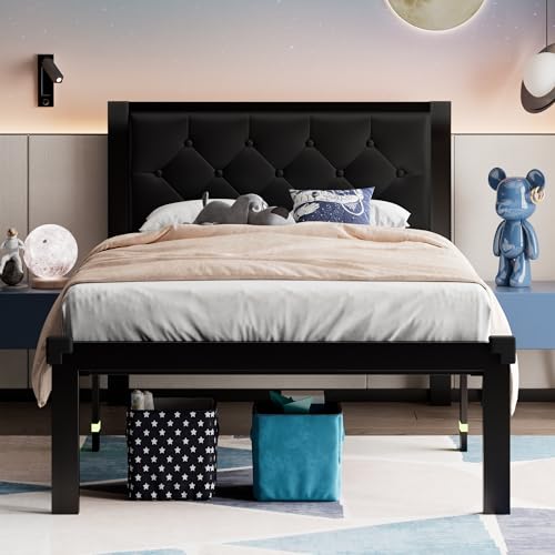 Image of Feonase Twin Size Metal Bed Frame with Faux Leather Button Tufted Headboard, Heavy-Duty Platform Bed Frame with 12 inch Storage, Steel Slats Support, No Box Spring Needed, Noise Free, Matte Black