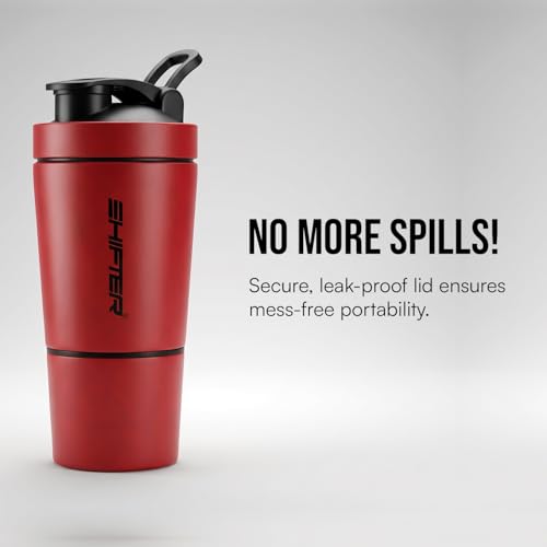 Image of Shifter Stainless Steel Gym Shaker Bottle 500ml | Protein Shaker with Mixer Ball | Leakproof Metal Blender Bottle| Gym, Fitness, Workout, Sports Water Bottle for Men & Women (RED-2)