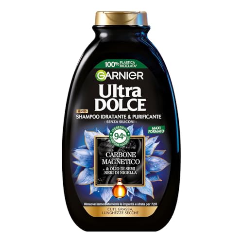 Garnier Ultra Dolce Carbone Magnetico, Shampoo Idratante e Purificante, 94% Origine Naturale, Per Cute Grassa e Lunghezze Secche, Senza Siliconi, 300 ml