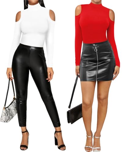 Image of MANGOPOP Long Sleeve Body Suits Mock Turtleneck Sexy Cold Shoulder Cutout Going Out Tops, Red, XX-Large