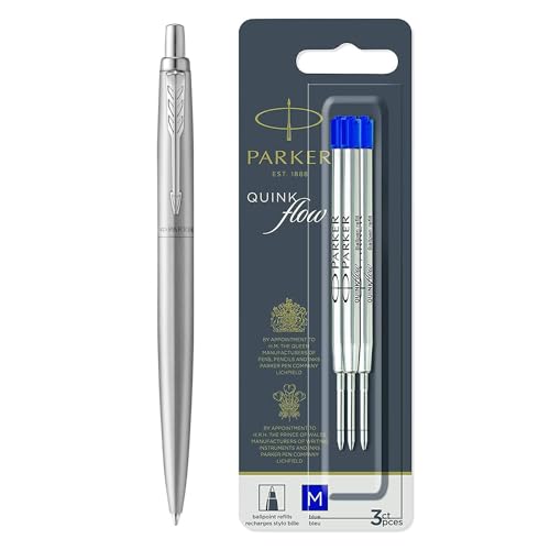 Parker Jotter XL Bolígrafo, Acero inoxidable monocromático, Punta media, Tinta azul, Caja de regalo y recambios de bolígrafo Parker, Punta media, Tinta azul QUINKflow, 3 unidades
