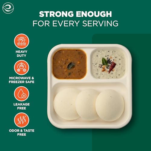 Image of ECO SOUL | 3 Compartment Bagasse Meal Tray | 9 Inch - Pack of 25 | Disposable Plates Big Size | Eco-Friendly, Microwave Safe, & Leak-Resistant | Ideal for Serving Meals and Catering