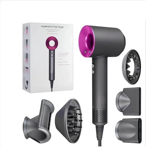 Secador de Pelo Iónico Profesional 1600W con 5 Accesorios | Tecnología Avanzada Anti-Encrespamiento | 3 Niveles de Temperatura | Motor Silencioso 110.000 RPM | Negro y Fucsia