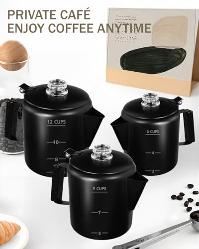 Image of Coffee Maker Coffee Percolator 304 Stainless Steel Pot Stovetop Easy Brewing Even Heating 6 Cup 33.8oz 1000ml Black Classic Design Heat Resistant Home Camping Outdoor