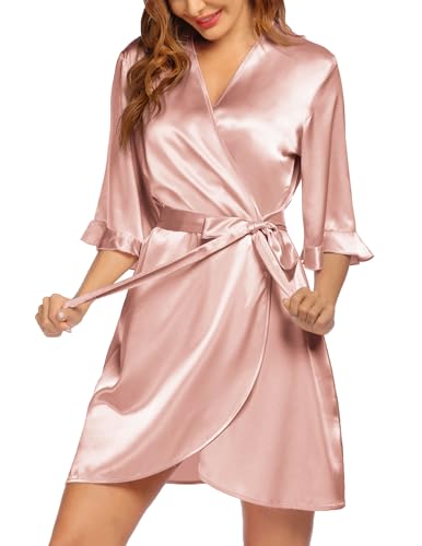 Image of Ekouaer Women's Satin Robe Valentines Lingerie for Women Kimono Bathrobe Short Ruffle Belted Robes Bridesmaids Sleepwear