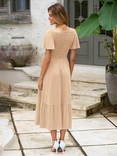 Image of Simplee Womens Summer Smocked Flowy Dress - Casual Flutter Sleeve Tiered Boho Maxi Dresses with Pockets