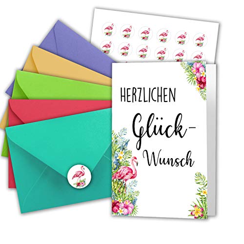 Juego de 200 tarjetas plegables 'Herzlichen Glückwunsch' DIN A6 – Blanco con diseño de flamenco – con sobres DIN C6 en diferentes colores, incluye etiquetas redondas