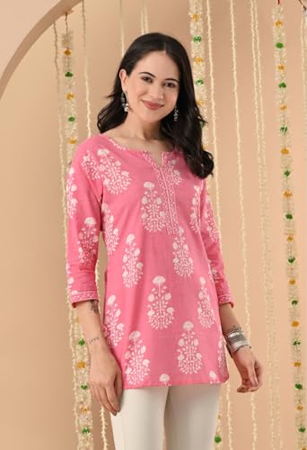 Image of Amazon Brand - Tavasya Women Floral Printed Round Neck Pure Cotton Regular Fit Kurti | Everyday & Office Wear Kurta | Modern Ethnic Top