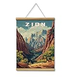 HUARCEY Zion National Park Scroll Poster, Vintage Mountain Scenic Canvas Wall Art with Wooden Bars Frame Hanging Rope, Travel Adventure Nature Landscape Wall Hanging Home Office Bedroom Decor