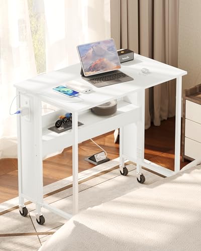 31.5" Modern White Folding Computer Desk with Power Outlets, Whee...