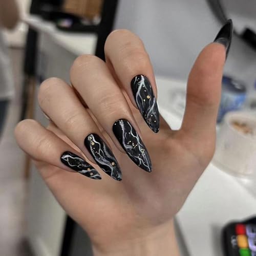 Marble Black Press on Nails Almond Medium Long on Nails Acrylic F...