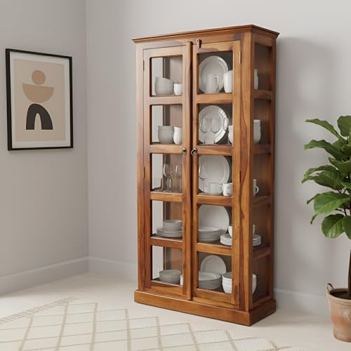 Image of SONA ART & CRAFTS Sheesham Wooden Crockery Cabinet with Glass Door | Solid Wood Multipurpose Storage Cabinets for Living Room Home & Kitchen | Book Shelf Wooden - Natural Finish