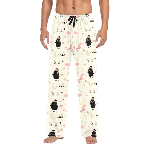 White and Black Spirits Men's Cotton Pajama Pants with Pockets and Drawstring Comfortable and Stylish,S2