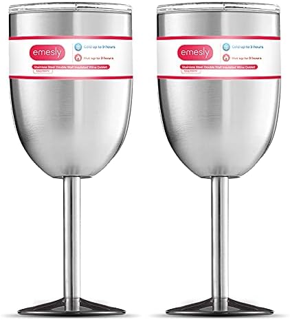 EMESLY Stainless Steel Wine Glasses Double-Walled Insulated (Set of 2) Unbreakable Goblets; Metal Stemmed Wine Tumblers with Leak Resistant Lids for Red & White Wine, 12 Oz.