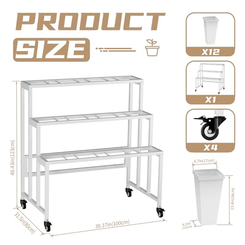 MILEFA Flower Display Stand with 12 Buckets, 3 Layers Flower Bar, White Metal Plant Stand with Wheels, Heavy Duty Flower Cart for Indoor Outdoor Patio Garden Wedding Florist, White Metal Frame by MILEFA - Image 3