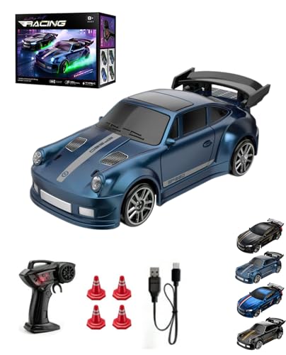 Mini Rc Drift Car Set with USB C Charging, 1:64 Scale Drift Rc Car for Adults & Kids, 2.4ghz Responsive Remote Control, Mini Remote Control Racing Drift Cars with LED Lights (Blue-B)