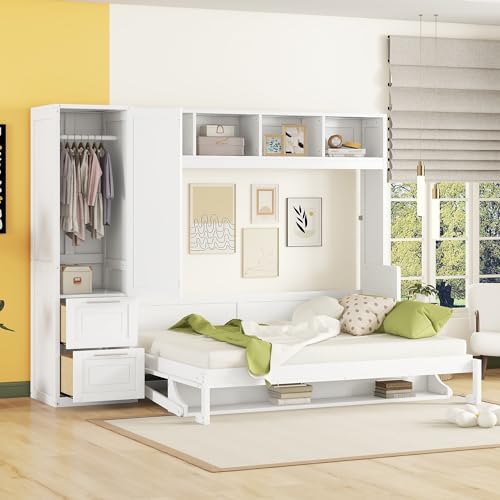 Merax White Horizontal Queen Size Murphy Bed with Wardrobe and 2 Drawers