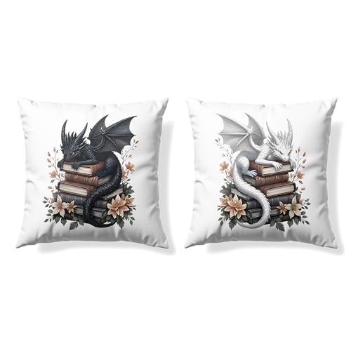 GTYNU Vintage Magical Black White Dragon Reading Book Decorative Throw Pillow Covers 18x18 Set of 2, Fantasy Room Decor for Kids, Gamers, and Bookworms,Reading Nook Decor, Gifts for Bookworm Readers