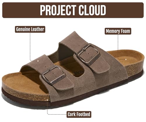 Image of Project Cloud Mens Sandals 100% Genuine Leather - Memory Foam Insole & Cork Footbed Slides for Men Footwear - Non-Slip Summer Sandals for Men & Lightweight Mens Slides (Heritage)