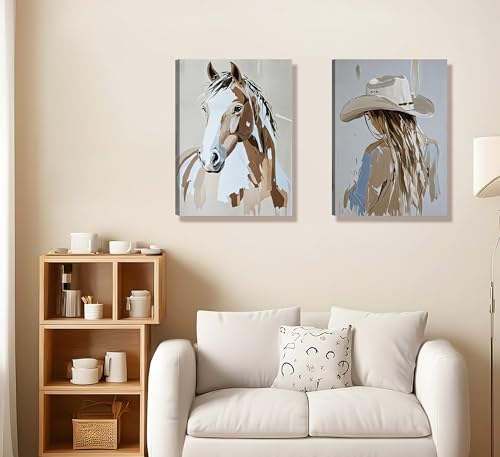 Image of 2pcs Framed Western Cowboy Girl Wall Art Oil painting style Cowboy Girl and Horse Canvas Print Poster Rustic Farmhouse Wall Decor for Living Room Bedroom Home Decoration