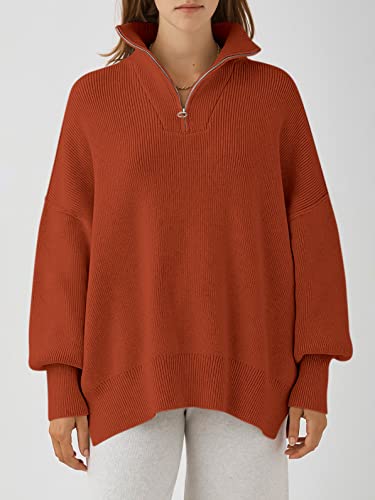Image of ANRABESS Womens Oversized Quarter Zip Pullover Sweaters | Fall Fashion Outfits, Long Sleeve Slit Side, Baggy Loose Fit, 1 /4 Zip Lapel Collared, Ribbed Knit Soft Warm Winter Clothing