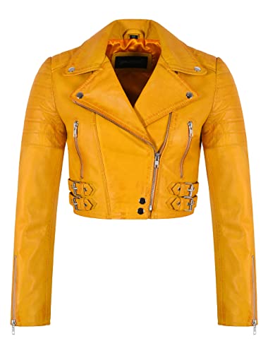 Biker veste en cuir véritable jaune coupe courte style gothique rock 5625