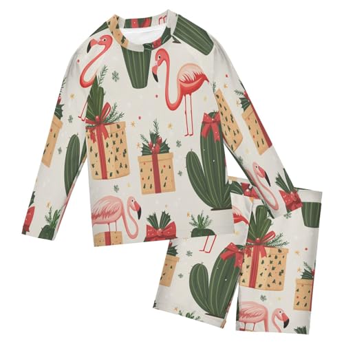 Xmas Flamingo Cactus Boys Swimsuit Rash Guard Toddler Kids Long Sleeve Swim Shirt and Trunks Swimwear Set 3-10Y