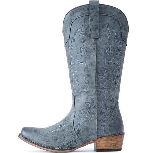 Image of IUV Cowboy Boots for Women Mid Calf Fashion Cowgirl Boots with Embroidery Western Snip Toe