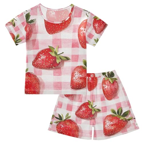 Strawberry Plaid Summer Pajamas Set 2 Piece Short Cotton Sleepwear, 5-14 Years