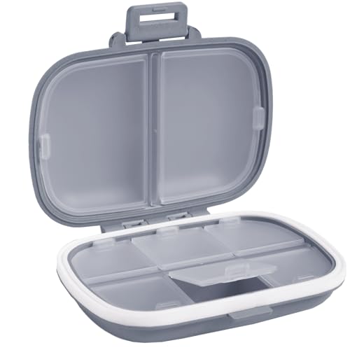 Holii Travel Pill Organizer, 8 Compartments Portable Pill Case, Daily Pill Box to Hold Vitamins, Small Pill Container for Pocket Purse Medicine Organizer（Gray）