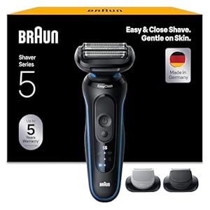 Braun Series 5 Elektrorasierer Herren, Rasierapparat mit 50 Min. Akkulaufzeit, +2 Aufsätze, Kabelloser Nass- und Trockenrasierer für Männer, Made in Germany, Wasserdicht, 52-B1650s, Blau