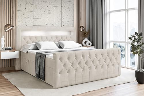 ALTDECOR Boxspringbett mit Matratze und Lattenrost, LED Boxbett, Topper, Fußteil, Polsterbett mit Bettkasten, Bett mit Stauraum H3-Matratze, Doppelbett, Springboxbett - Aurora - 180x200 Beige Samt