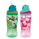 Nuby Thirsty Kids No-Spill Flip-it Printed Boost Cup with Thin Soft Straw - 12oz, 18+ Months (Green/Pink)