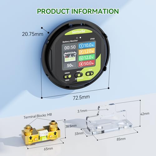 SENTORISE 0-500A Batteriemonitor mit Shunt, 8-120V, IP68 LCD wasserdicht, Summeralarm für RV, Solar, Marine, Offgrid. Anzeige Kap.%, Zeit, Leistung, Spannung