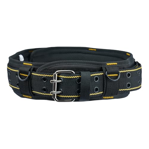 Image of MELOTOUGH 2-Inch Padded Tool Belt with 4 D-Rings Heavy Duty Double Metal Roller Buckle, Adjustable 29 inch-46 inch Waist, Comfort Foam Padding for Construction, Electrician, Carpenter (Black & Yellow, S /M)
