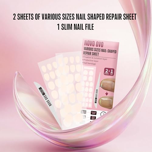 NOVO OVO Pre-cut Nail Shaped Repair Sheets Various Sizes with Slim File, Fixation & isolation layer, Bandage for Broken Nail-Surface, Recovery Protective layer for Acrylic, Easy to use 42 units - Image 4